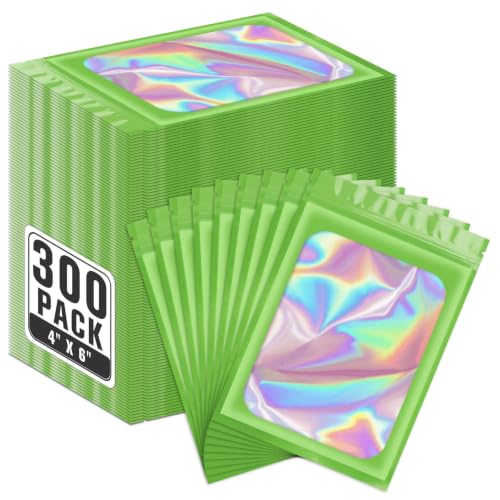 ANZNKU 300 Pack Green Holographic Mylar Bags with Clear Window, 4x6 In Smell Proof Packaging Bags for Small Business, Resealable Small Foil Zipper Pouch for Candy Jewelry Goodie Gift & Party Favors