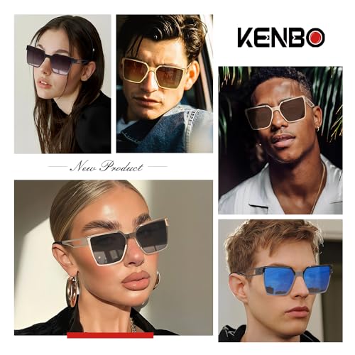 KENBO Square Sunglasses Metal Frame for Men Women Large Cool Designer Shades UV4003