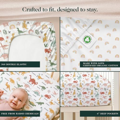 Image of 100% Organic Cotton Baby Crib Sheets (3-Pack) - GOTS Certified, Soft Fitted Sheets for Mini Mattress & Pack n Play, 5 inch Deep Pocket with Secure Elastic Fit, Boys & Girls, 28 inch x 55 inch (Jurassic Joy)