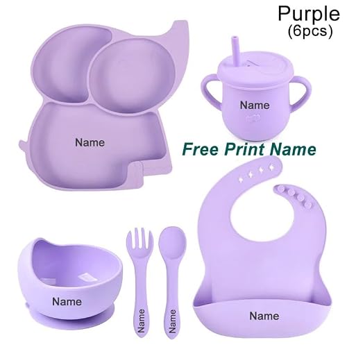 Personalized Baby Name Elephant Feeding Set 6Pcs, Custom Name Baby Silicone Weaning Set, Feeding Set With Name BPA Free