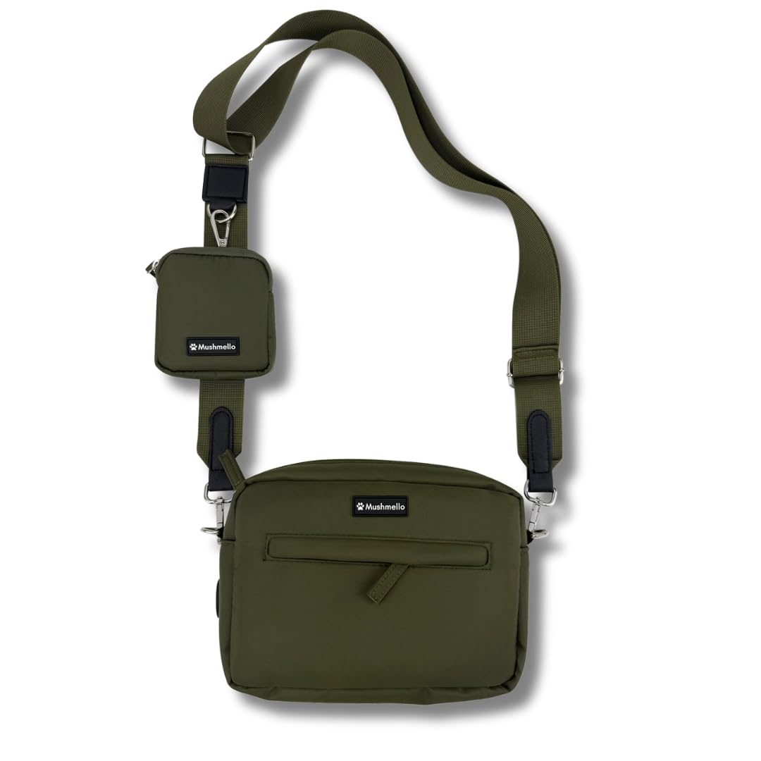 Mushmello Dog Walking Bag, Hands-Free Pet Essentials Organizer, Crossbody Shoulder Bag with Poop Bag Dispenser, Burgundy, Durable Nylon (Olive Green)