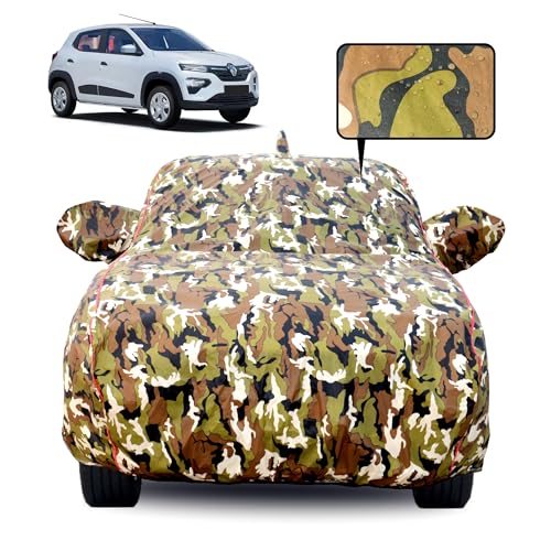 Image of Waterproof Car Body Cover for Renault Kwid with Mirror Pocket, Soft Cotton Lining, Triple Stitched, Full Bottom Elastic (Heat Resistant Jungle Print with Red Piping)