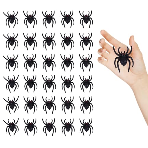 KEORHEZ Arañas de Halloween, 30 unidades de arañas de plástico realistas, simulación, modelo de araña silvestre, decoración de mesa para Halloween, fiesta temática del día de los tontos (negro)