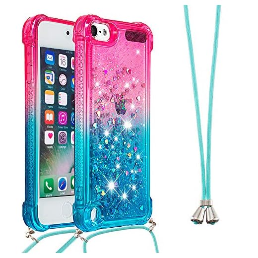 Collier Coque pour iPod Touch 5 / iPod Touch 6,Glitter Paillette Brillante Quicksands Liquide Transparente Silicone TPU Case Housse avec Cordon Collier Tour de Cou pour iPod Touch 5,YB GS Pink Blue