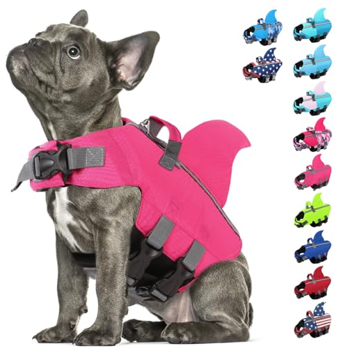 SUNFURA Dog Life Jacket Shark Life Vest for Dogs, Adjustable Swmming Vest with High Buoyancy, Safety Lifesaver with Rescue Handle for French Bulldog Small Medium Breeds, Hot Pink XS