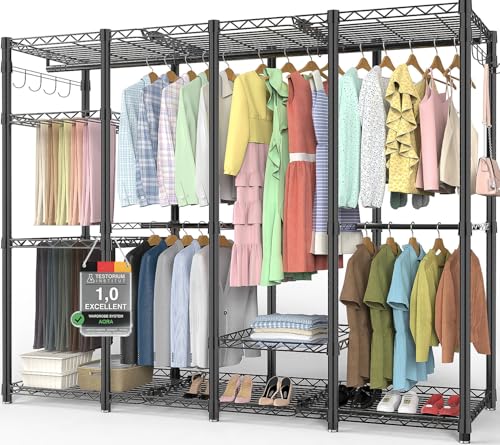 AQRA Offener Kleiderschrank System,Kleiderständer mit 9 Höhenverstellbarem Regalböden und 5 Kleiderstange, Hosenständer, 4 Schichten mit Großem Fassungsvermögen, Schwarz 193.5CM×43.5CM ×195CM