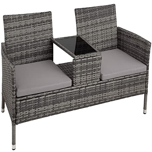 TecTake Salon de Jardin en résine tressée canapé Banc avec Table intégrée avec Verre de sécurité + Coussins - diverses Couleurs au Choix - (Gris | No. 403223)