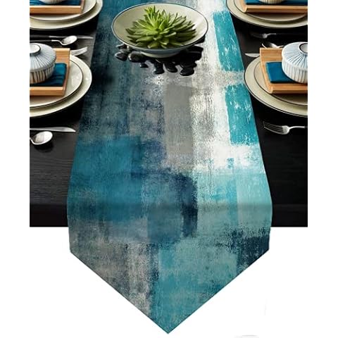 Turquoise and Grey Table Runners 90 Inches Long,Teal Abstract Modern Art Burlap Table Runners for Table Dresser Runner Farmhouse Style for Dinner Party Holidays Home Decoration Cover