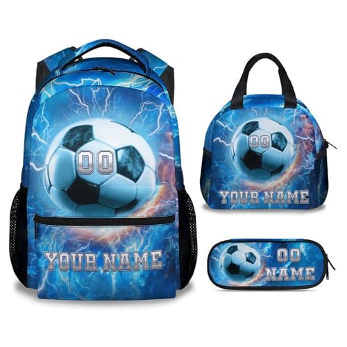 Personalized Kids School Backpack with Lunch Box - Set of 3 Soccer Backpacks Matching Combo for Girls, Boys - Bookbag and Pencil Case Bundle