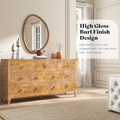 Image of AMERLIFE 61 inch Wide 7-Drawer Dresser, Mid-Century Modern High Gloss Burl Wood Finish Chest of Drawers with Anti-Tip Kit, Storage Organizer for Bedroom, Living Room, Entryway, Office, Yellow