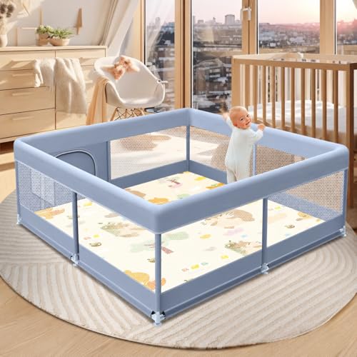 Image of MONSTECH Large Baby Playpen 120x120cm Playpen for Babies up to 5 Years with Balls, Anti-Fall Rings, Safety Lock, Breathable Mesh Playpen for Babies, Kids Activity Center (120 * 120 Blue)