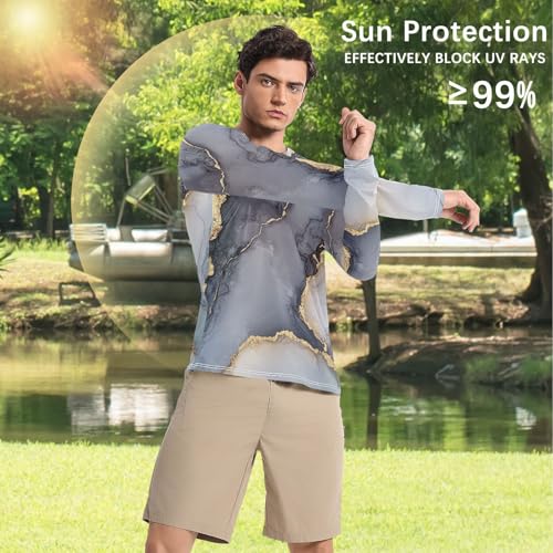 Marble Grey Silver Men's UPF 50+ Swim Shirts Loose Crew Neck Loose Men's Sun Shirt Long Sleeve Beach4