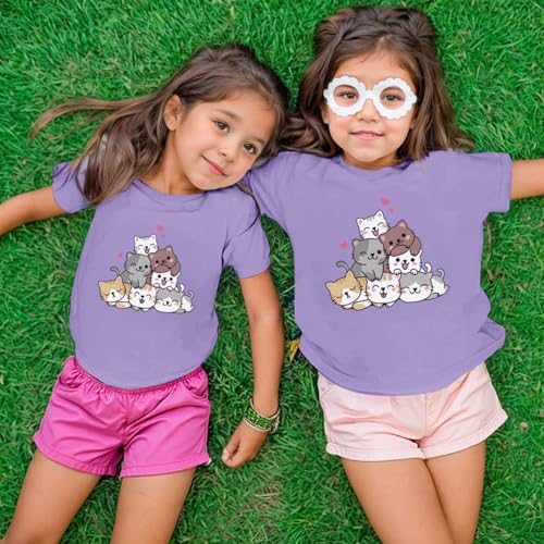 Image of KEEVICI Cute Cartoon Cat Shirts for Girls Kids Graphic Tees Kawaii Animal Pattern T Shirt Cotton Crewneck Summer Loose Tops