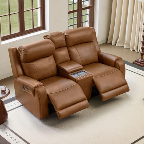 Image of CHITA Genuine Leather Power Recliner Sofa, Loveseat with Console, Saddle