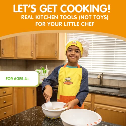 Curious Chef Child Textile Set - 4-Piece Set I Real Chef's Wear for Children I Child-Sized Apron, Oven Mitts & Hat I Machine Washable I Yellow/Orange - Thumbnail 2