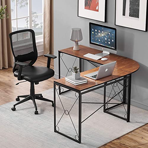 Image of Priti - L Shaped Computer Desk with Storage Shelves Corner Office Desk Industrial Gaming Desk Black Metal Frame Wood Workstation Home Office Furniture