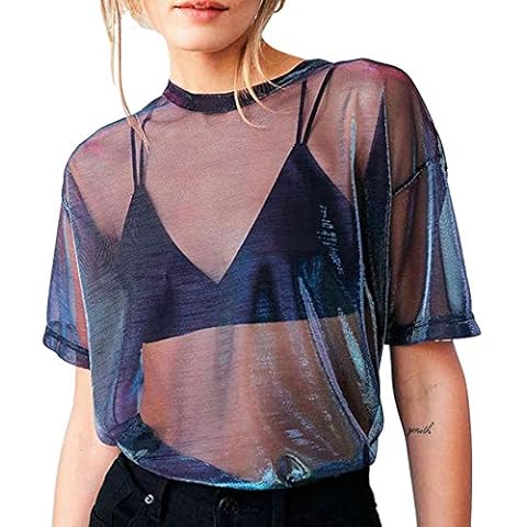 XXXITICAT Women's Sexy Holographic See Through Mesh Tops Short Sleeve Transparent Sheer Metallic Shiny Tees Tunic Tshirts - Purple - Large Cover