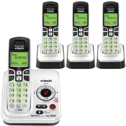 VTech CS6229-4 DECT 6.0 Cordless Phone, Black/Silver, 4 Handsets
