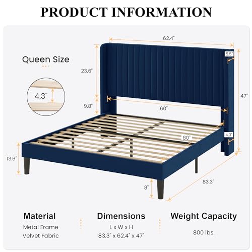 Image of SHA CERLIN Queen Size Velvet Bed Frame, Tufted Wingback Headboard, Blue | 47'' Modern Vertical Channel Headboard, Upholstered Platform Bed, Wood Slats, No Box Spring Needed, Easy Assembly, Noise Free