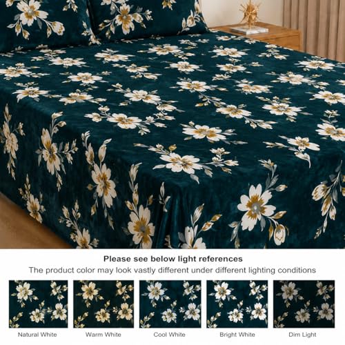Image of Warm Flannel (Flano) King Size 330 TC Winter Fitted Bedsheet | All Side Elastic Premium Winter Soft Velvet Furnishing Bed Sheet with 2 Big Pillow Cover Size - 72 x 78 X 8 Inches Green