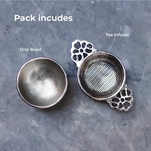 Image of NION Premium Silver Tea Infuser Strainer with Drip Bowl | Perfect for Steeping Loose Leaf Tea Infuser Strainer Teapot | Solid Nickel Drip Bowl