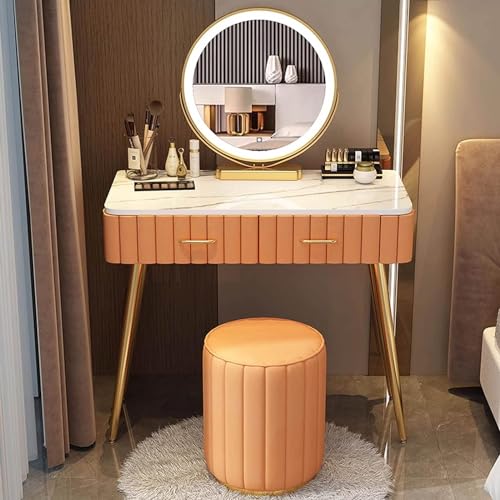 Genérico Tocador con 2 cajones y Taburete Acolchado, tocador con Espejo y Juego de Luces de 3 Colores, Mesa de Maquillaje de Lujo nórdica