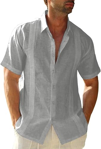 Hestenve Camisa de manga corta para hombre, camisa cubana de guayabera de lino y algodón hippie para playa con botones