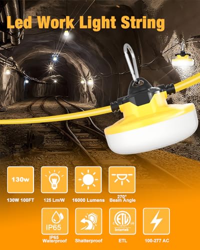 JC-LGL 100FT LED Construction String Lights 3 Prong, 130W 16000Lm LED String Work Lights, 5000K Daylight Temporary Lighting for Construction Sites, Jobsite, Renovation, Mine Cave, UL Listed