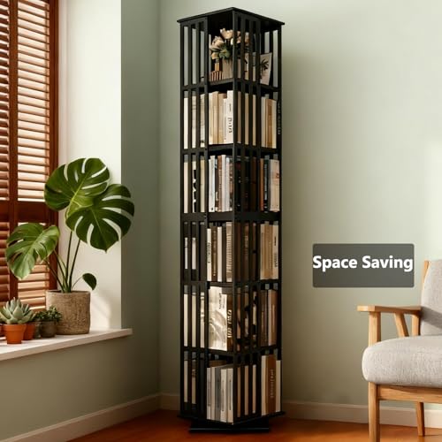 Image of Lauxery 6 Tier Bamboo Rotating Bookshelf Tower, Revolving Bookcase, Black | 360 degree smooth rotation, solid construction, small footprint, easy assembly, for small space, living room