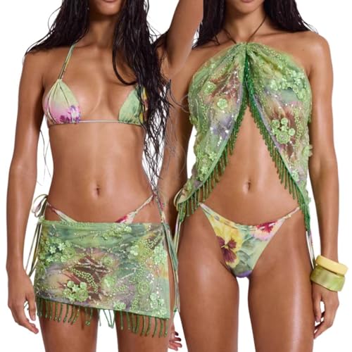 3 Piece Summer Halter Neck Beach Bikini Set 2000s Coquette Y2k Sexy Floral Sequin Beaded Swimsuit