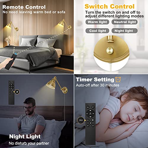 Image of GOODATE Plug in Wall Sconces Set of Two with Remote, Stepless Colors 2700K-6500K & Stepless Dimming, Premium Golden Finish, Plug in Wall Light with Night Light & Timer, LED Bulbs Included