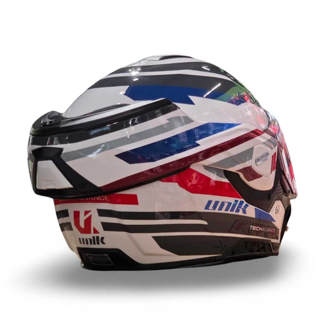 unik Casco Modular Abatible 180 Spectrum Moto Adultos Visera Solar Doble Policarbonato 2 Calotas Ventilación Frontal Trasera Cierre Micrométrico - Blanco Roj Azul , Talla M