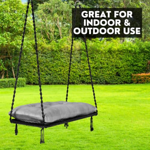 Image of Patiofy Double Seater Plank Swing for Adults and Kids | Indoor and Outdoor Use | Jhula for Adults with Grey Cushion and Hanging Kit | Weight Capacity - 150 Kg - Black
