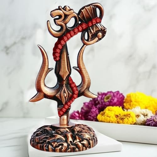 Image of Shivji Trishul Damru and Aum Idol for Mandir, Shiva Idol Car Dashboard Decoration Items Statue Metal Showpiece for Pooja Room Home Decor