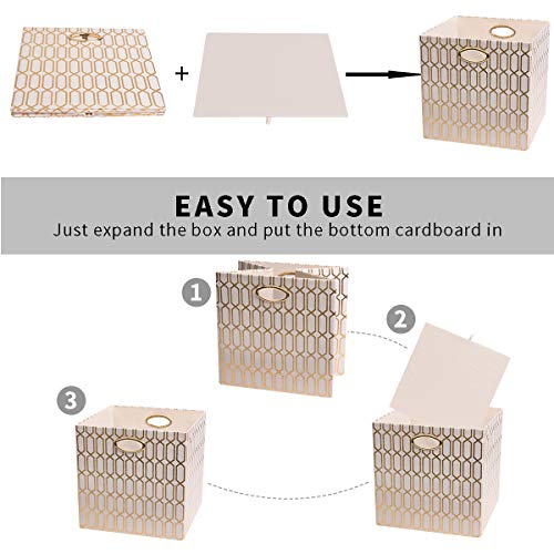 Posprica Storage Bins, Storage Cubes,13×13 Fabric Drawers Organizer Basket Boxes Containers (13×13×13/4Pcs, Cream/Gold Geometry Pattern) #TOP1