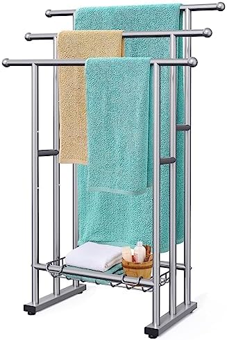 40 Tall Freestanding Towel Racks for Bathroom. 3 Tier Floor Towel Rack with Storage Basket. Blan...
