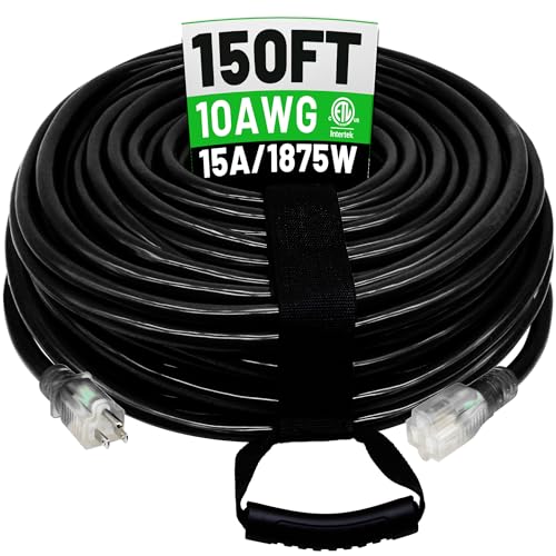POWGRN 150 Ft 10AWG Outdoor Extension Cord Waterproof Heavy Duty, Black