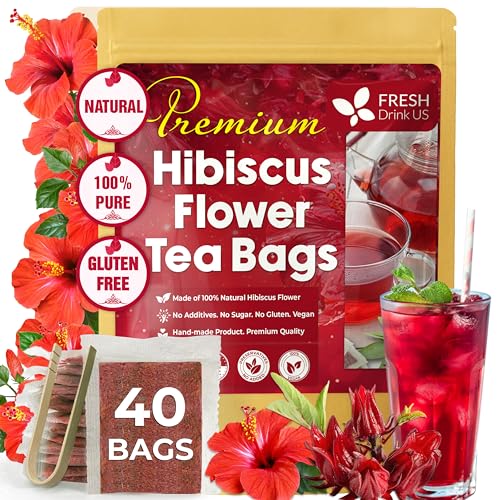 Image of FreshDrinkUS, Premium 40 Hibiscus Flowers Tea Bags, 100% Natural, Pure from Hibiscus Flowers. Loose Flower Herbal Tea. No Sugar, No Caffeine, No Gluten, Vegan.