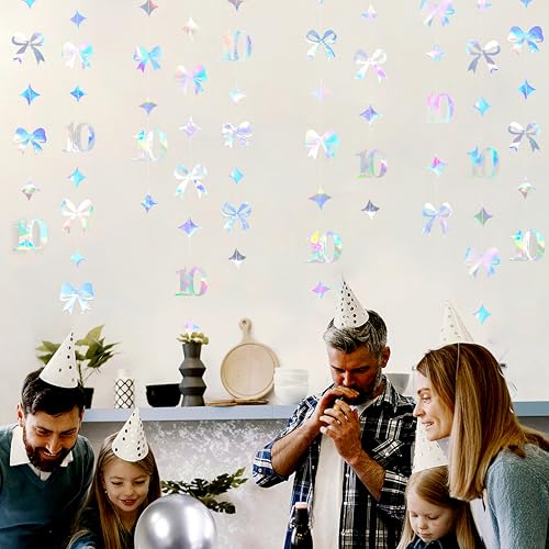 Image of Iridescent 10th Bow Birthday Decorations Glitter Conquette Bow Garland Streamer Banner Backdrop for Girls Boys Happy 10th Birthday Double Digits Cheers to 10 Years Old Anniversary Party Supplies