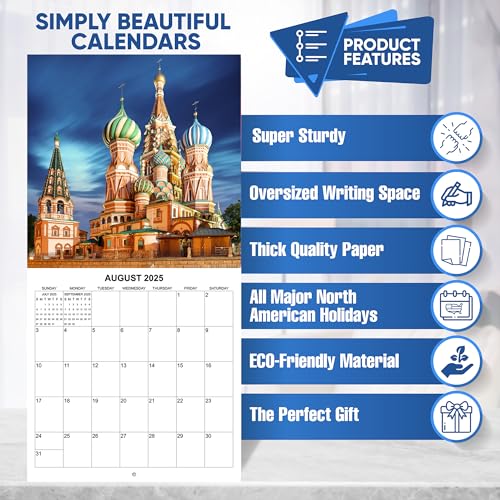 Calendário mensal de parede 2025 Beautiful Churches | 30,5 cm x 61 cm | Papel grosso resistente | Ca