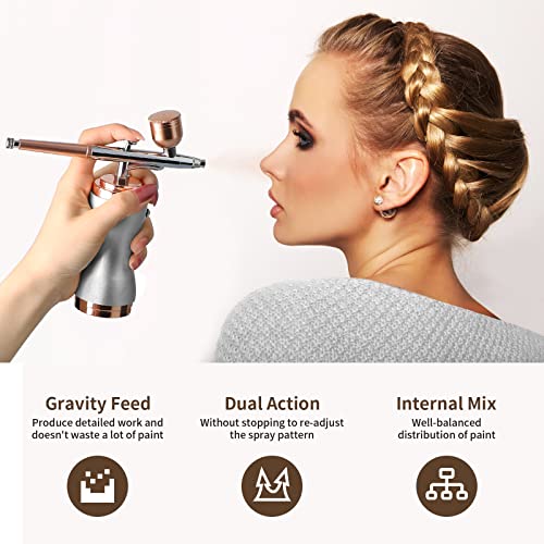 Image of Airbrush Kit with Compressor 30PSI Portable Airbrush Gun Rechargeable Handheld Cordless Air Brush for Nails Art, Painting, Cake Decor, Cookie, Mode, Makeup, Barber (Silver)