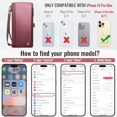 Defencase Wallet Case Compatible with iPhone 14 Pro Max with RFID Blocking Card Holder for Women Men, PU Leather Magnetic Snap Flip Zipper Strap Phone Case Suitable for iPhone 14 Pro Max 6.7, Wine Red by Defencase - Used condition - Image 2