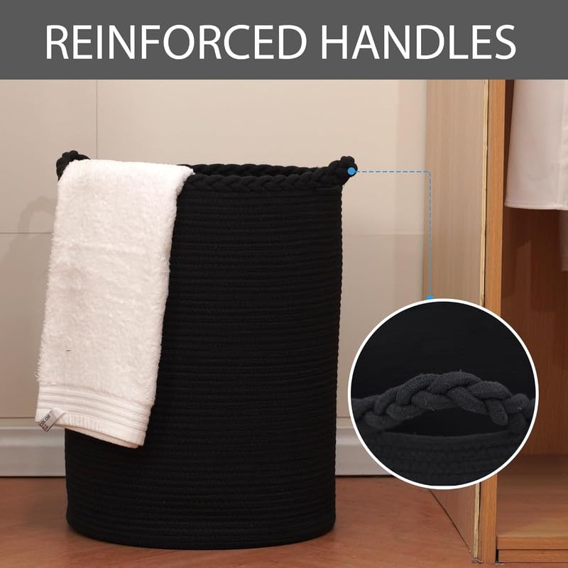 Image of Storage Rope Laundry Hamper Basket for Clothes, Towels and Blankets in Livingroom, Bedroom, Laundry Room and Basket for Nursery Storage (Size - 15 inch x 15 inch x 18 inch) (Black Zig Zag)