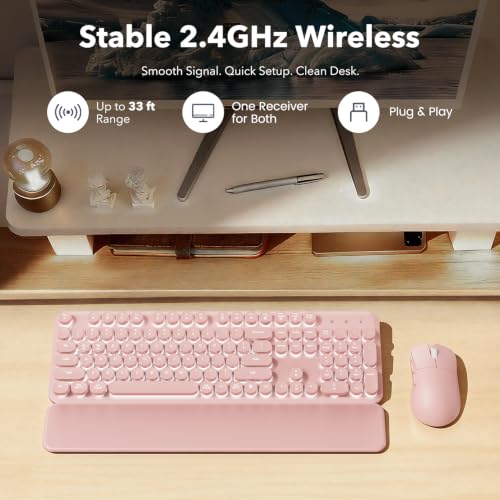Image of Rechargeable Backlit Wireless Keyboard and Mouse Combo, Retro Typewriter Keyboard with Magnetic Wrist Rest, Light Up Letters, 2.4GHz Cordless Connection for Mac, Windows PC, Laptop (Glowing Pink)