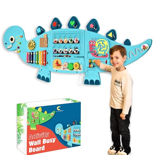 AthomBear Dinosaur Wall Busy Board with 12 Activities - Wall Toys for Toddlers 2,3,4,5 - Sensory Panel Wooden - Montessori Busy Board Learning Activity Center for Playroom and Classroom