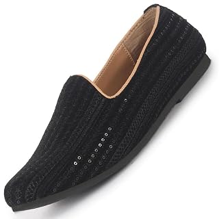 FAUSTO FST KI-3630E BLACK-35 Boy's Black Embroidery Sequin Ethnic Slip On Juttis and Mojaris for Wedding|Festive Slip-On for Kurtas|Traditional Sherwani Shoes (1 UK)