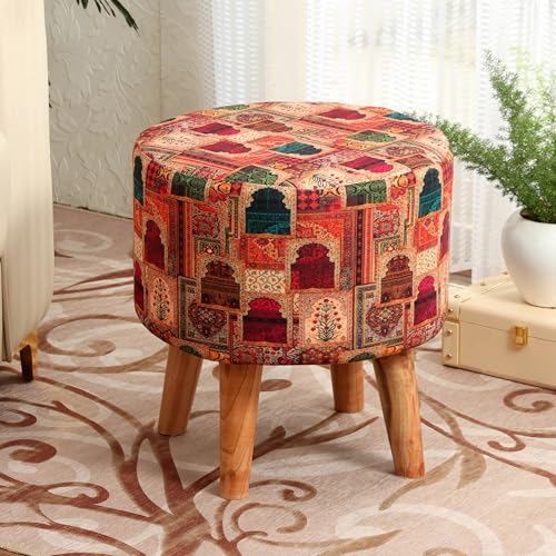 Image of NACIA Elegant Velvet Printed Ottoman Chair | Dressing Table Chair for Bedroom Makeup Room Decor | Modern Upholstered Ottoman with Wooden Legs for Living Room & Home (18x18x32 Inches, Darbar)