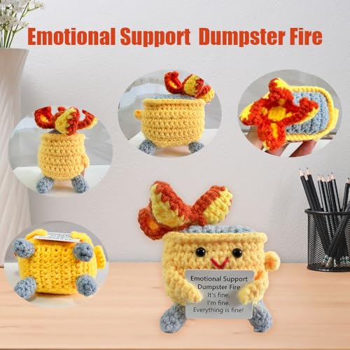 Image of RovyFota Handmade Crochet Dumpster Fire Plush - Stress Relief Amigurumi for Adults & Teens, Funny Desk Decor, Emotional Support Gift for Coworkers, College Students, Roommates (Yellow)