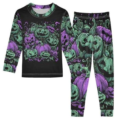 Fustylead Halloween Green and Purple Color Pumpkin Long Sleeve Top and Matching Bottom Cotton Pajama Sets
