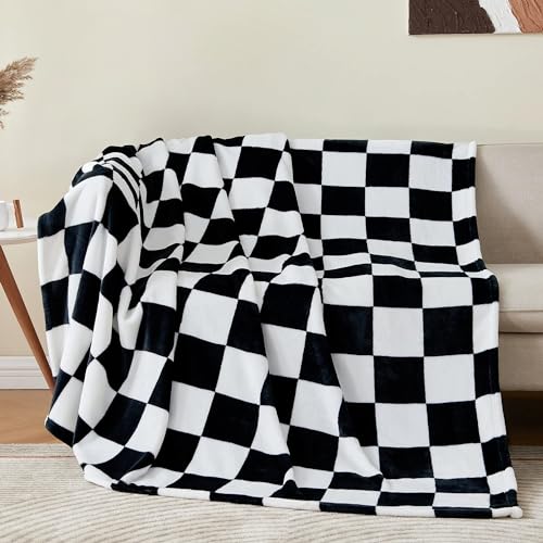 Image of BEDELITE Plaid Fleece Twin Blanket, Black & White Checkered 60x80 Inches